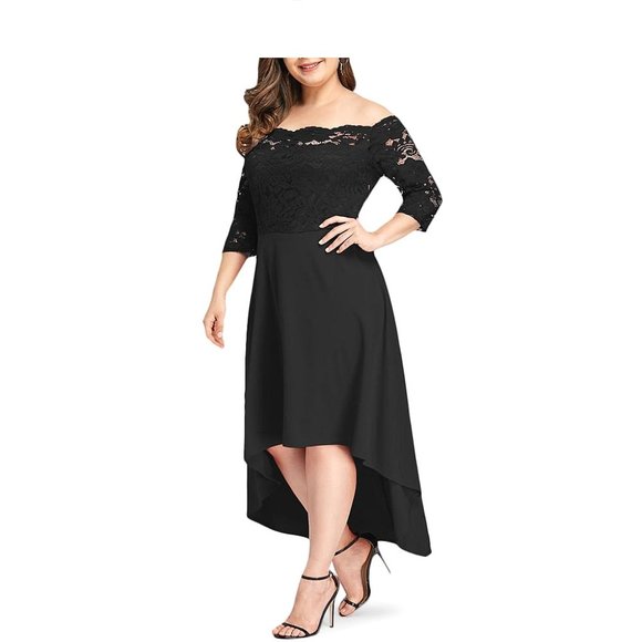 Women Off Shoulder High Low Hem 3/4 Sleeve Lace Detail Boho Flowy Long Dress XL - Picture 3 of 7